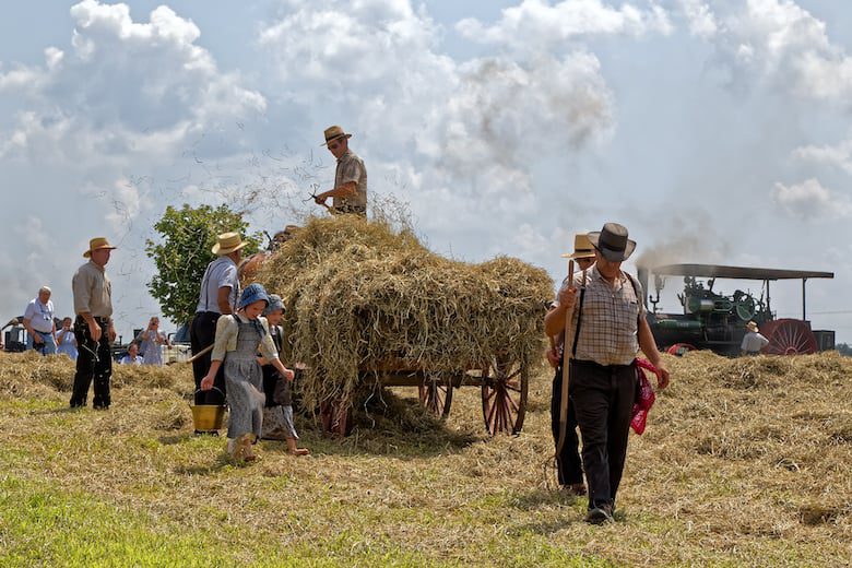 Two young Mennonite girls with a water pail carry water for the hay crew at Big Spring Farm Days. Gaining the benefits of walking and doing more steps means they are more likely to end their long lives healthy.