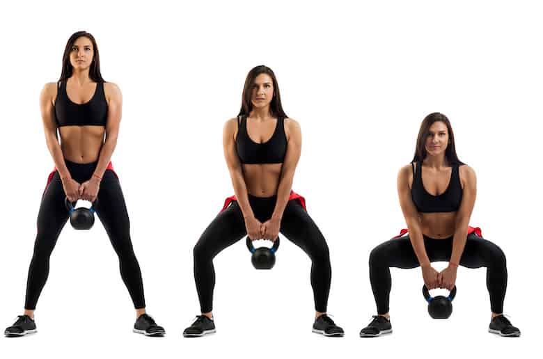The best kettlebell weight. A tryptic showing a girl doing a deadlift holding a kettlebell.
