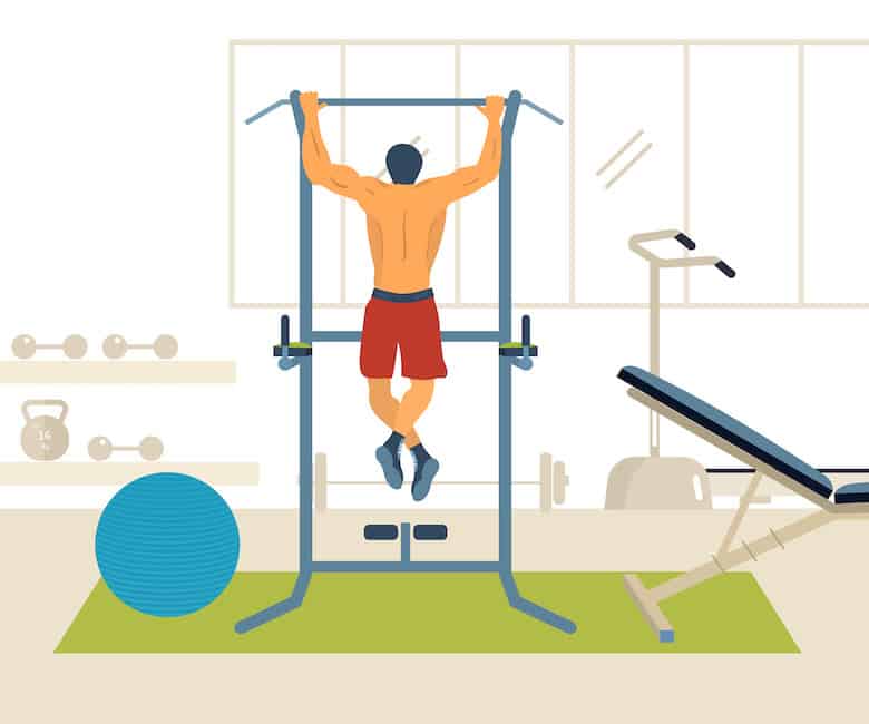 Illustration of man in gym on a pull-up machine another one of our examples of bodyweight back exercises.