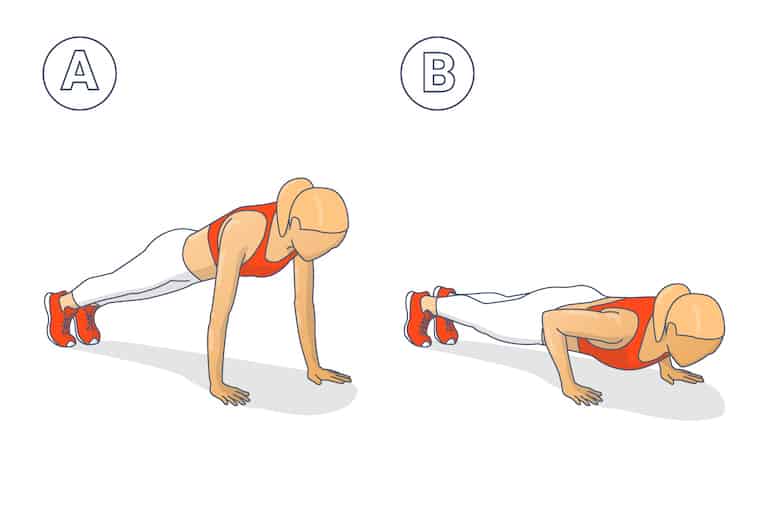 Diagram of a woman in the 2 positions of a press-up, one of many bodyweight back exercises.