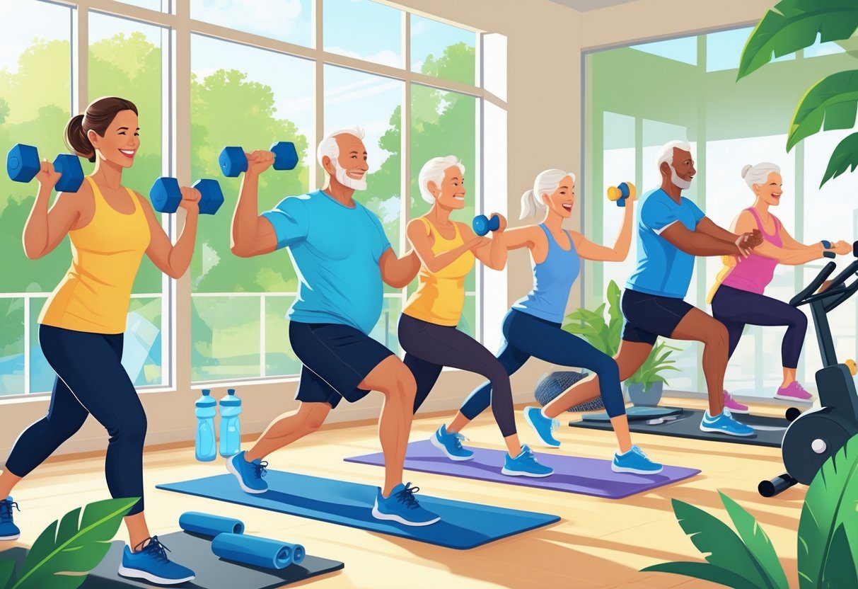 A group of adults over 50 exercising in a gym, including weightlifting, yoga, and cycling.