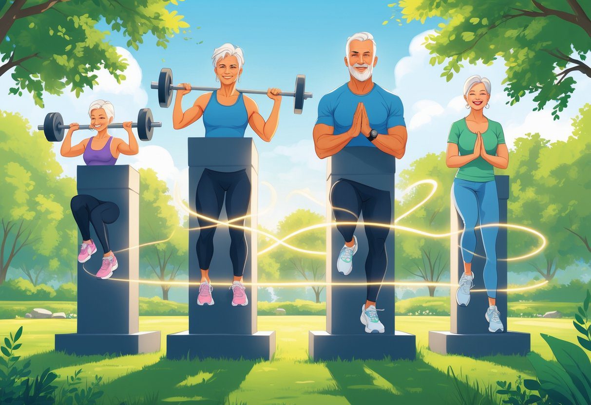 Four mature adults engaged in strength training, cardio exercise, yoga, and meditation outdoors, representing balanced fitness for people over 50.