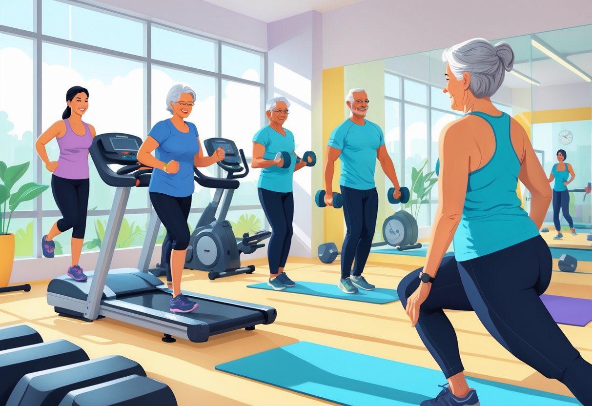 A group of people over 50 exercising in a bright gym, including treadmill running, weightlifting, and yoga, with a trainer assisting one participant.