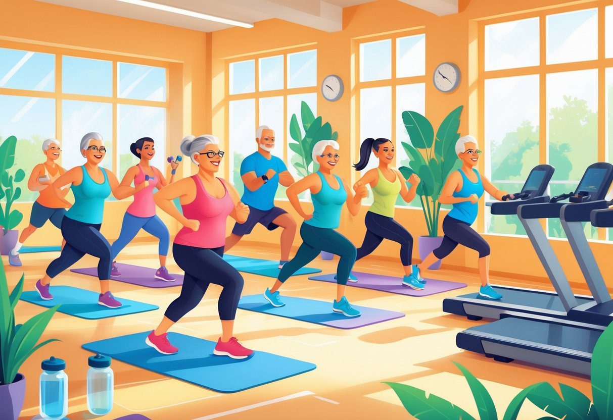 A group of mature adults exercising in a bright gym, doing stretching, weightlifting, yoga, and walking on treadmills.