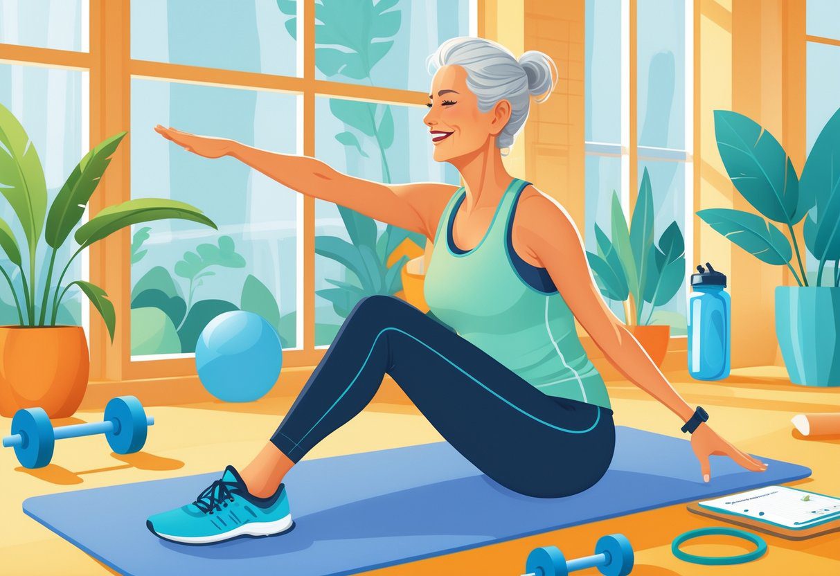 A middle-aged woman stretching on a yoga mat in a bright gym surrounded by light dumbbells, a water bottle, and plants.