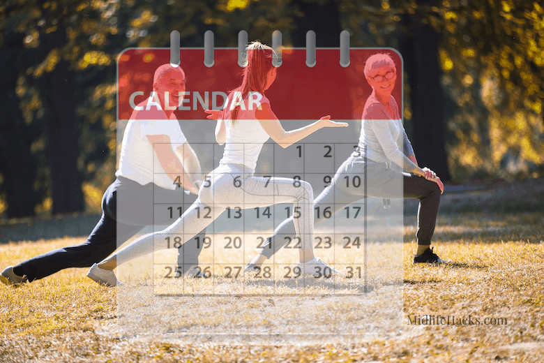 Personal trainer with mature couple outside with a calendar overlaid