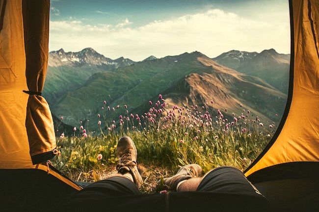 View of mountains looking out across my feet and the tent