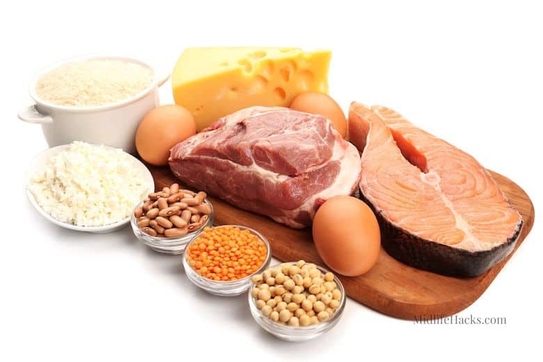 Protein foods, nuts, salmon, cheese, egg on board with white background