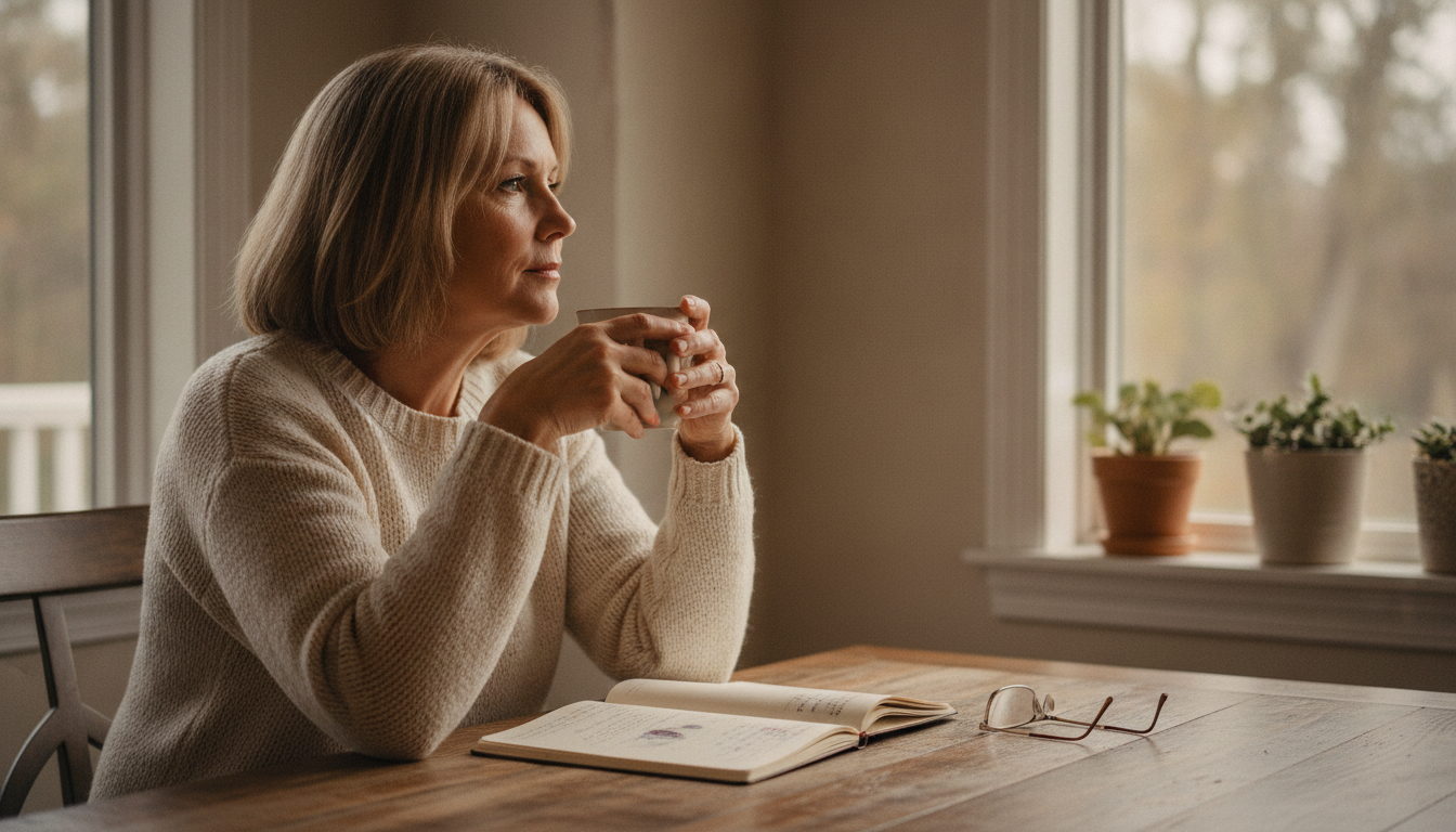 A woman in her mid-fifties sitting at a home dining table with coffee and a notebook, looking thoughtfully out the window