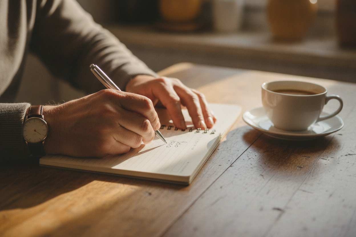 Close-up of hands writing a list in an open notebook at a kitchen table, coffee cup nearby