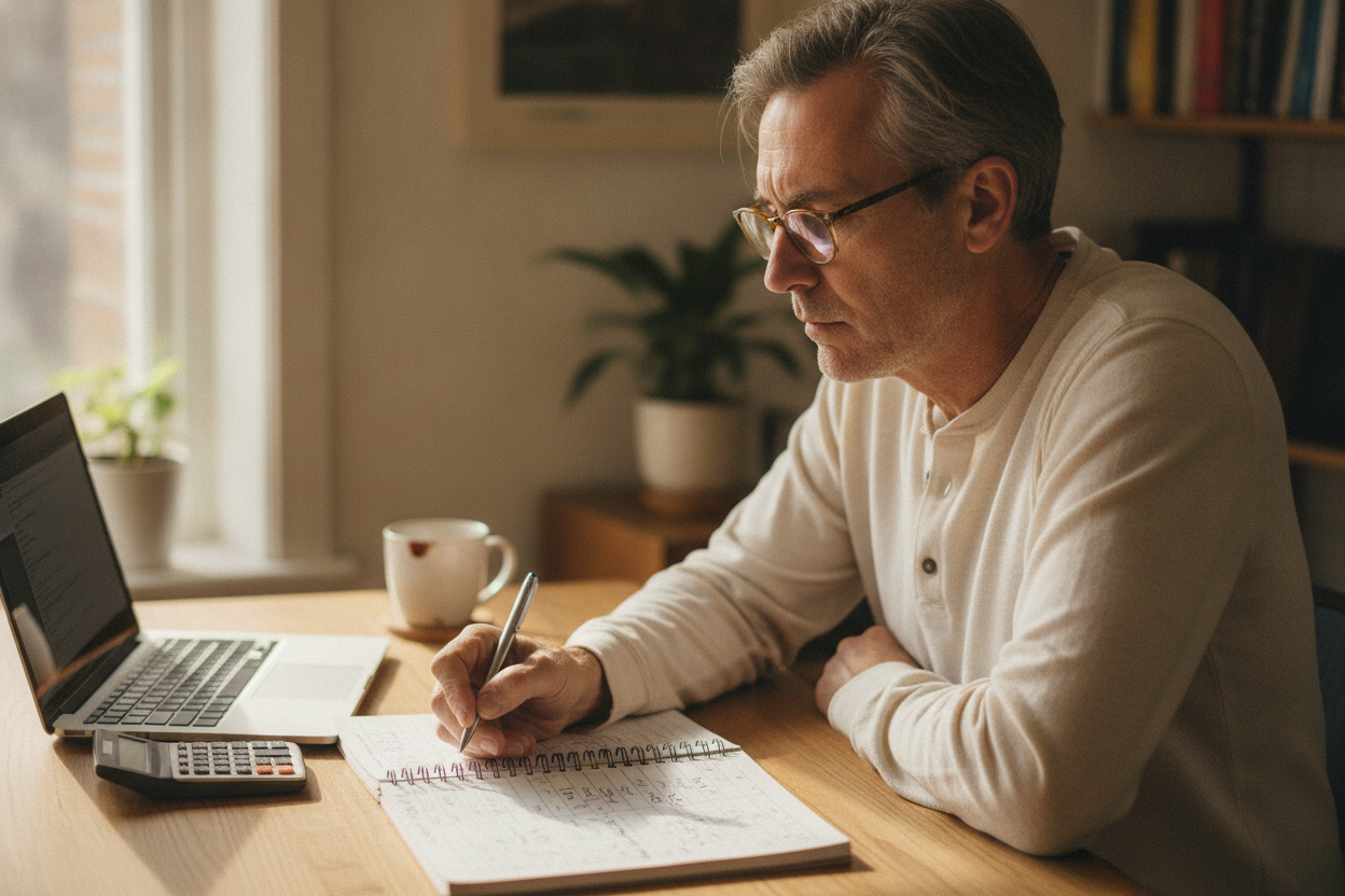 A man in his fifties working through numbers at a home desk with a laptop, notebook, and calculator
