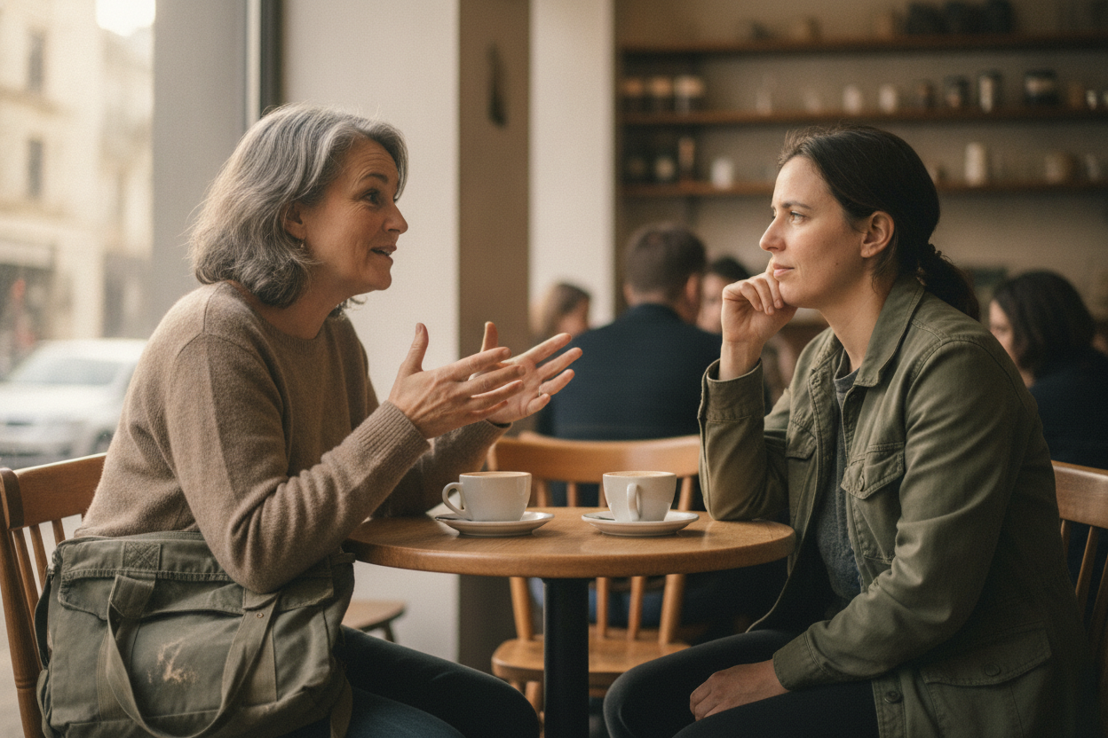 Two people at a small cafe table having a genuine, relaxed conversation over coffee
