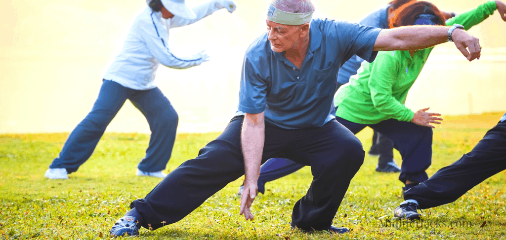 Tai Chi vs Yoga, this is a group practicing Tai Chi outside