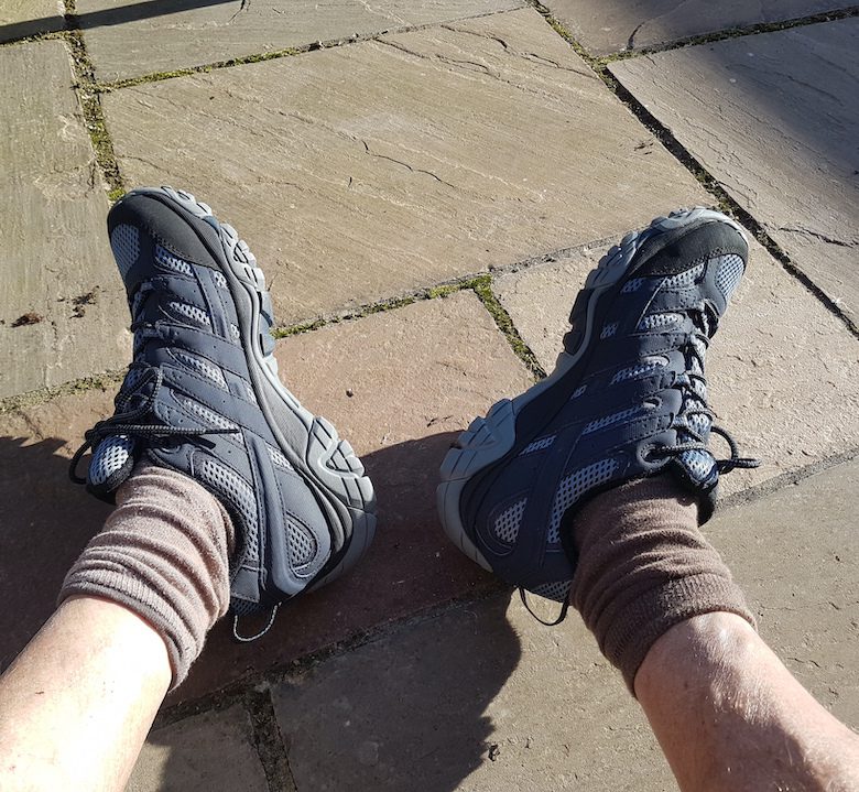 My lower legs and my choice for the best walking shoes for seniors, the Merrell Moab 2.