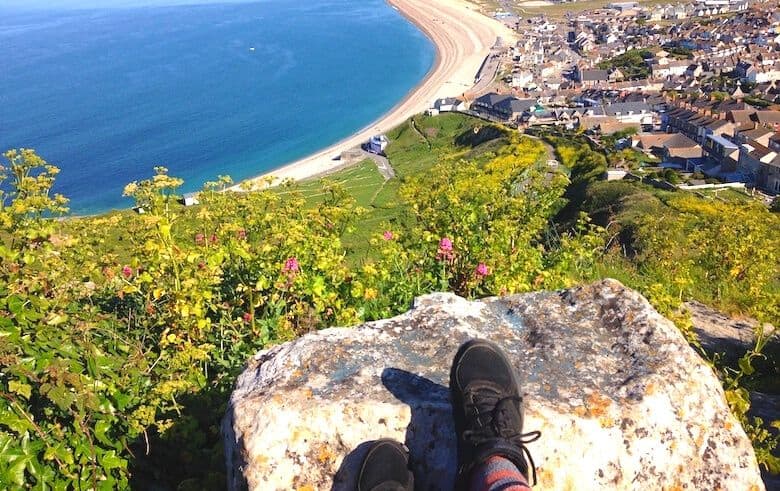 Walking shoes in the foreground of a beach panorama view