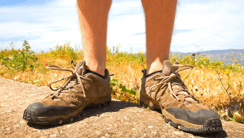 Lower leg view in hill terrain with the best hiking shoes for flat feet hiking shoes